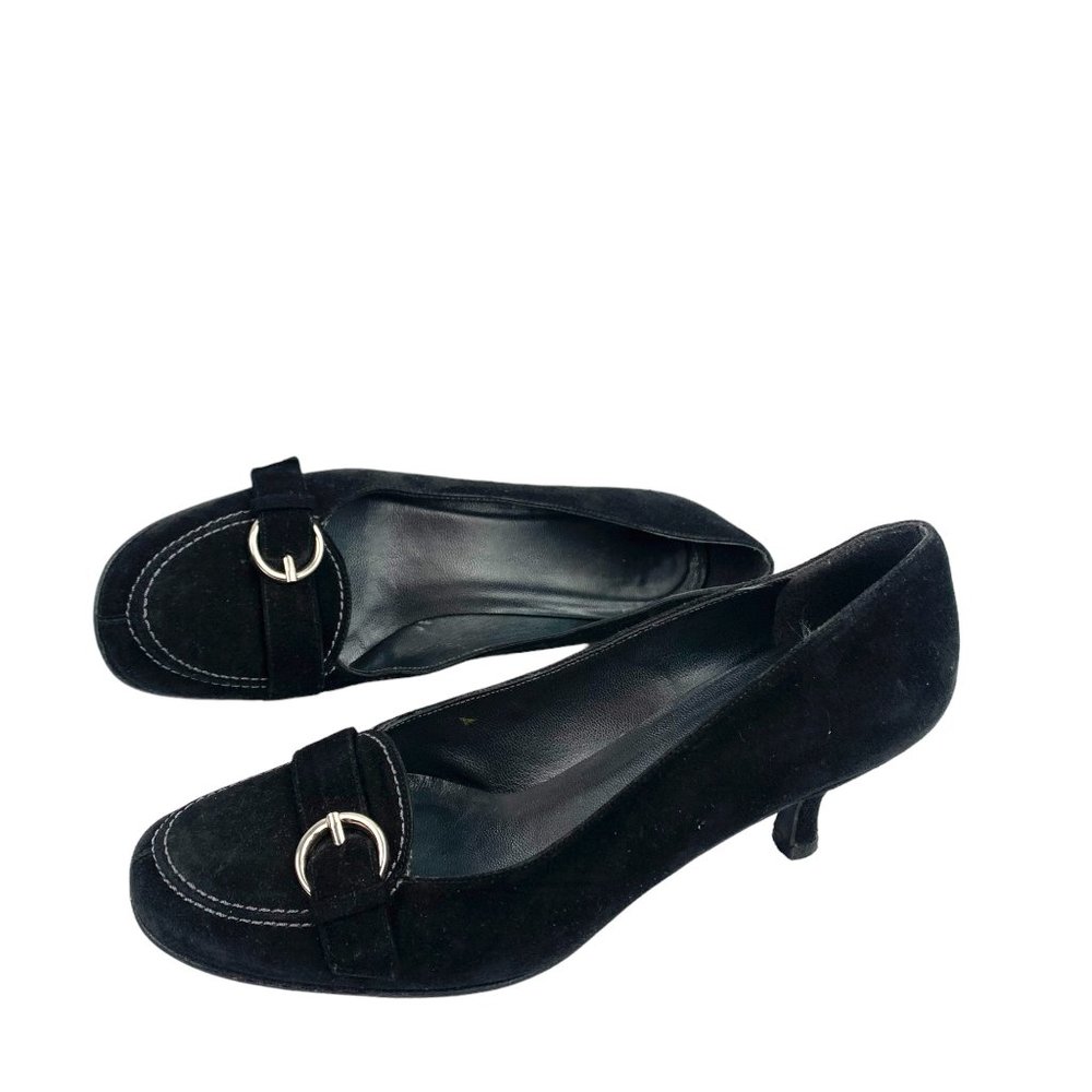 STUART WEITZMAN Black Suede Buckle Vamp Kitten Heels